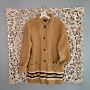 Lands End Women Vintage 14 Beige Brown Ivory Boiled Wool Coat Jacket Pockets